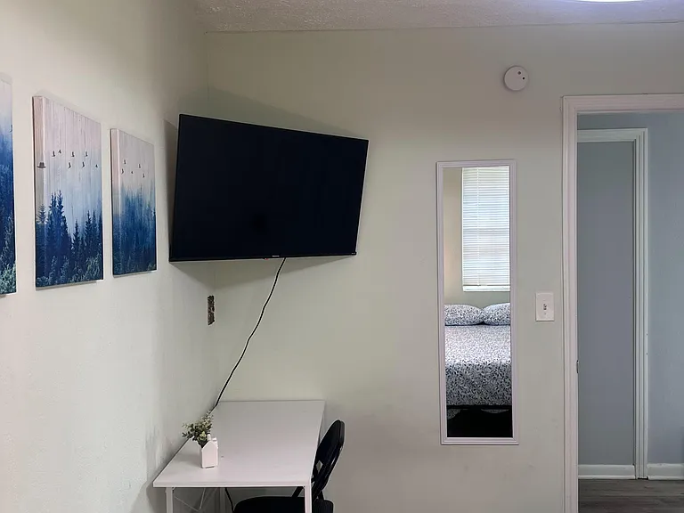 Private bedroom with a wall-mounted TV, compact desk workspace, and wood-look flooring with nearby closet access.