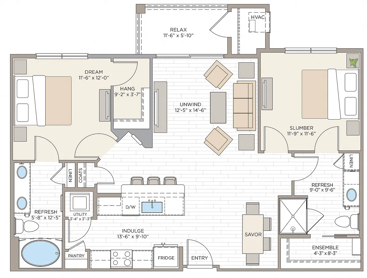 Floor plan 2 Bed/2 Bath-B2A