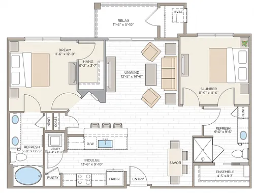 Floor plan 2 Bed/2 Bath-B2A