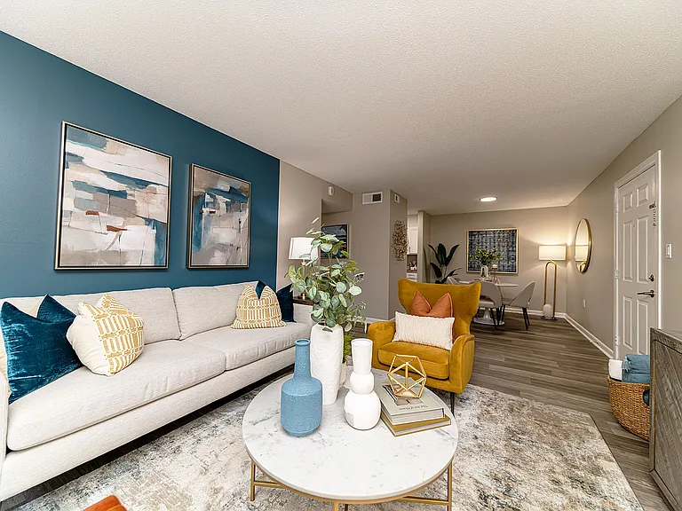 Spacious living room with hardwood-style flooring
