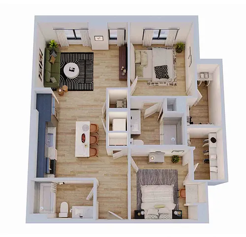 Floor plan 1 Bed/2 Bath with Den-B2