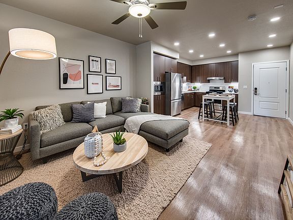 One bedroom model showing living room and kitchen