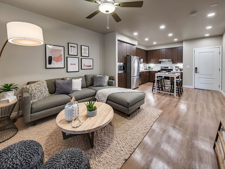 One bedroom model showing living room and kitchen