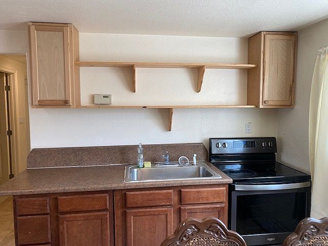 Kitchen with shelves, storage and stainless electric oven/range