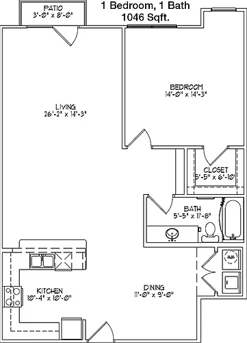 Floor plan 1 bed, 1 bath