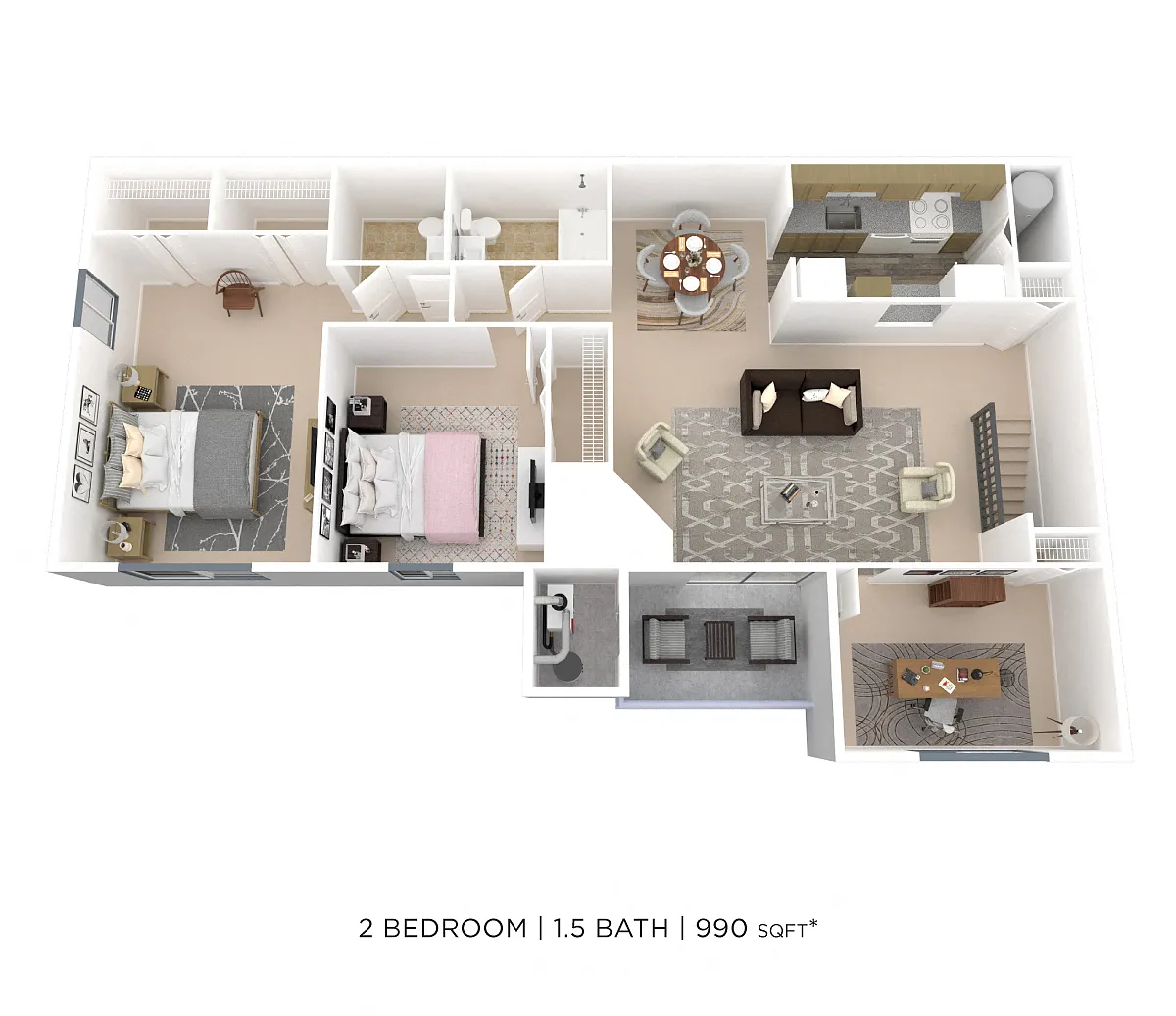 Floor plan Two Bedroom 1.5 Bath w/ Den - 1,060 sqft