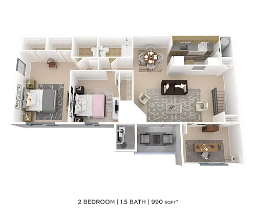 Floor plan Two Bedroom 1.5 Bath w/ Den - 1,060 sqft