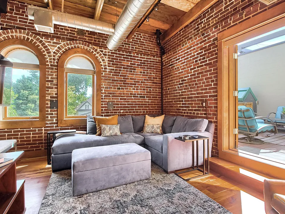 Living room with French doors to deck