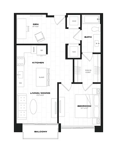 Floor plan 1 Bed/1 Bath/Den-B7.1.1