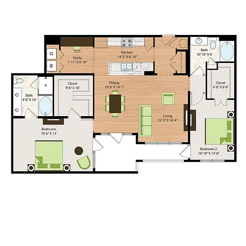 Floor plan Two Bedroom Two Bath (1556 SF)
