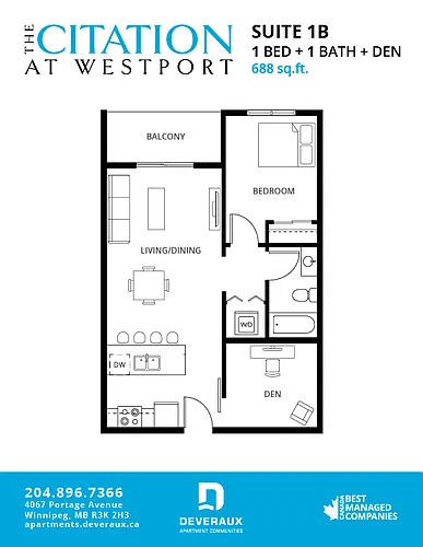 Floor plan 1 Bedroom, 1 Bathroom + Den