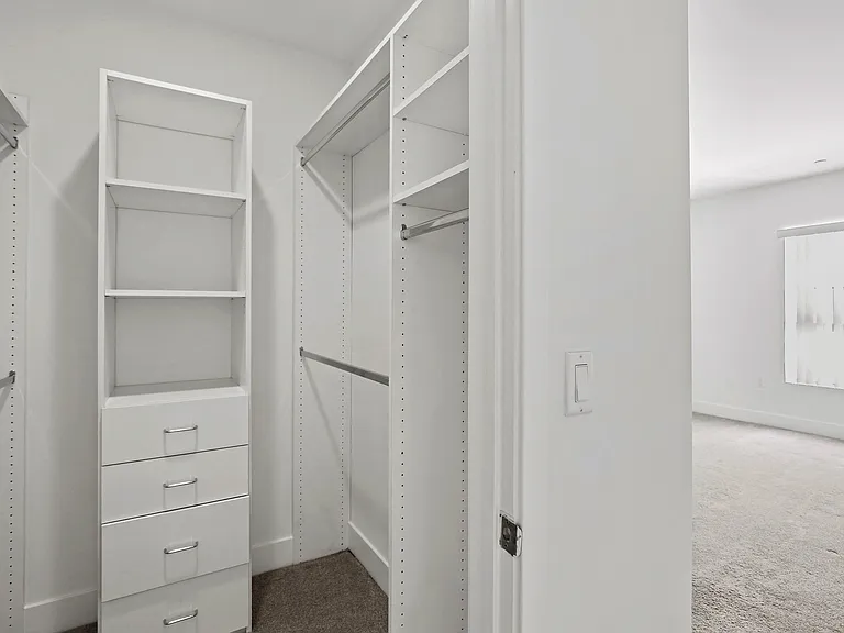 Bedroom with Window and Walk-In Closet with Built-In Organization System