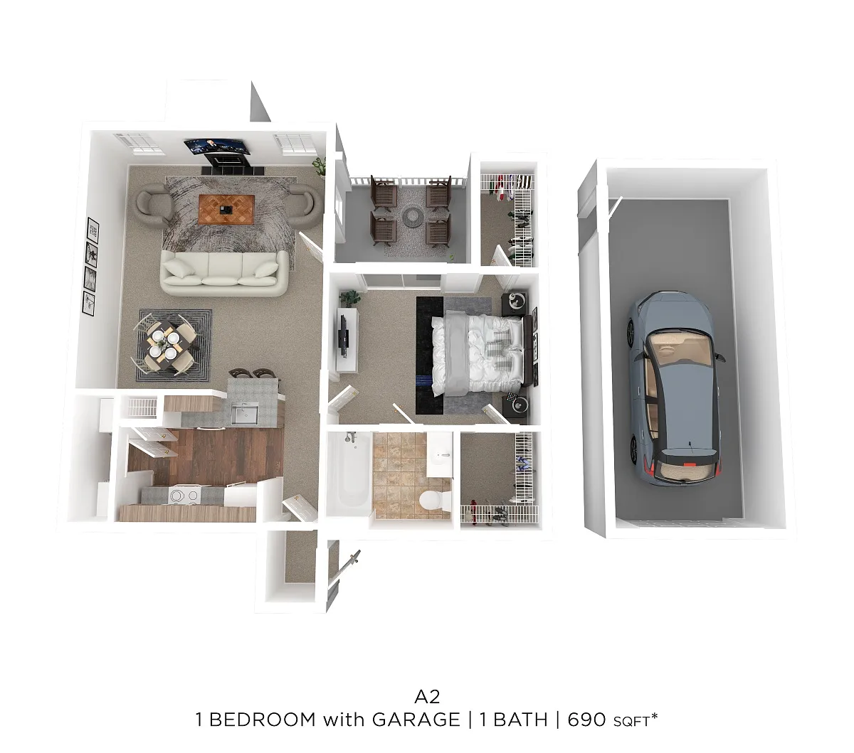Floor plan One Bed One Bath w/Garage 690 SqFt
