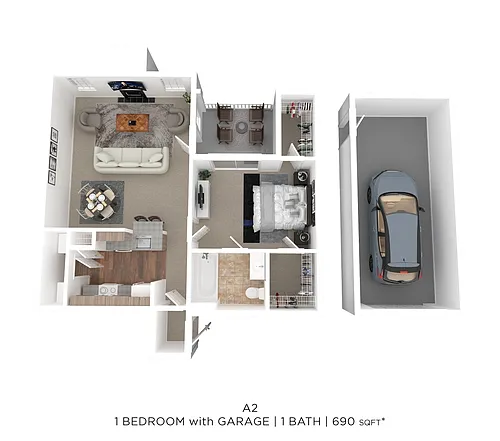 Floor plan One Bed One Bath w/Garage 690 SqFt