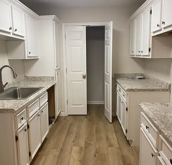 Kitchen with new countertops and new appliances. Separate Laundry closet is through the double doors shown here.