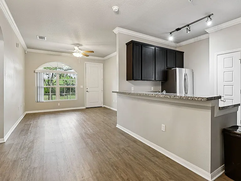 Bright modern apartment interior with open-plan layout, featuring elegant wood flooring, a sleek kitchen with dark cabinets and granite countertops, and a sunlit living area with a large arched window.