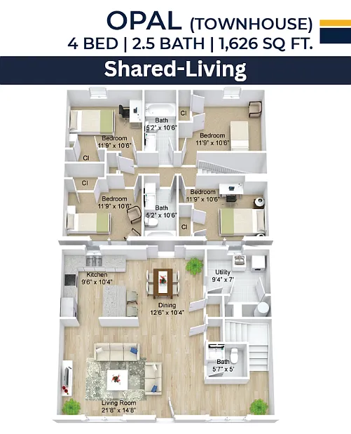 Floor plan 4 Bed 3 Bath Shared-Living Townhome