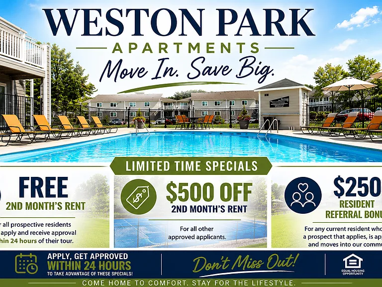 FREE 2nd Month's Rent When You Apply Within 24 Hours of Your Tour at Weston Park Apartments! — Photo 1