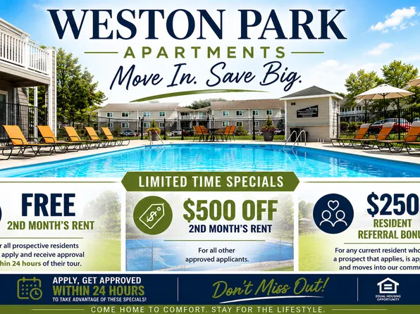 FREE 2nd Month's Rent When You Apply Within 24 Hours of Your Tour at Weston Park Apartments!