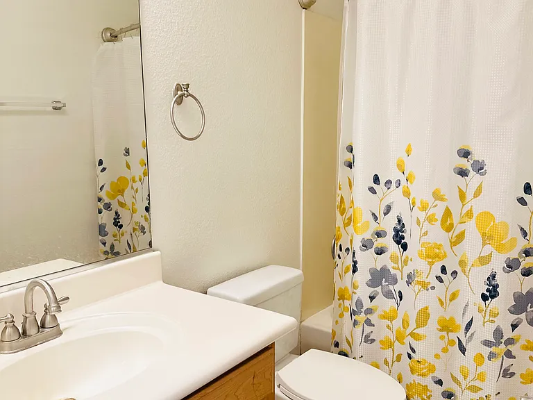 Full bathroom featuring a tub-and-shower combination, spacious vanity, and large mirror.