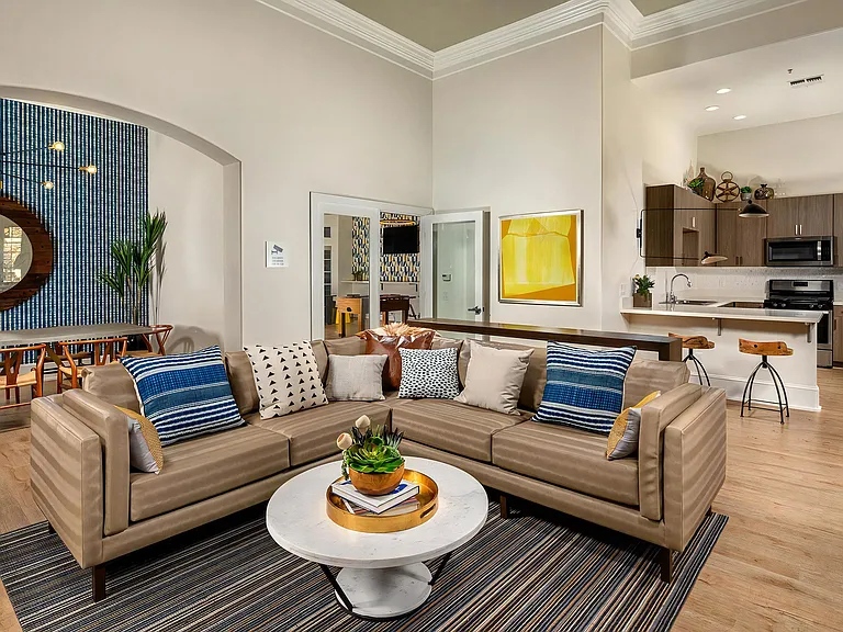 Stylish Clubhouse With Comfortable Sofa, Full Kitchen, And Dining Table