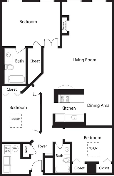 Floor plan K-CB Three Bedroom, Two Bathroom
