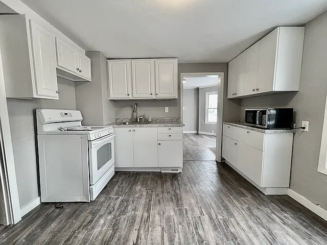 Kitchen with updated IKEA cabinetry, vinyl plank flooring, and updated countertops and sink fixture.