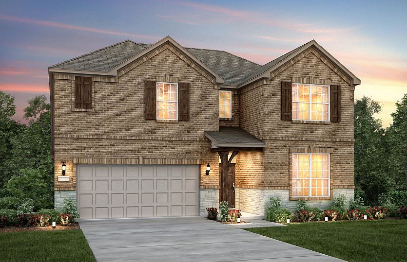 Exterior B with stone accents, shutters, and 2-car garage