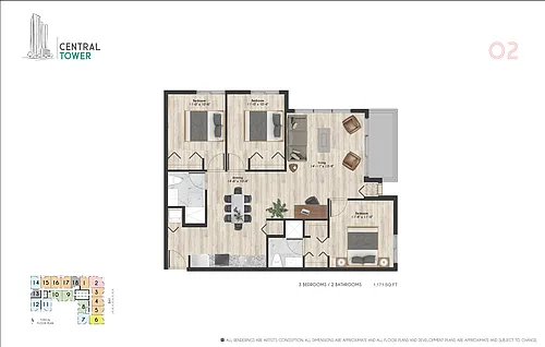 Floor plan Three Beds - Two Baths