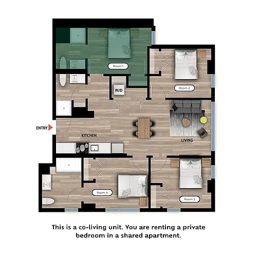 Floor plan Private Bed in a 4 Bed 3 Bath A - RM1-Private Bath