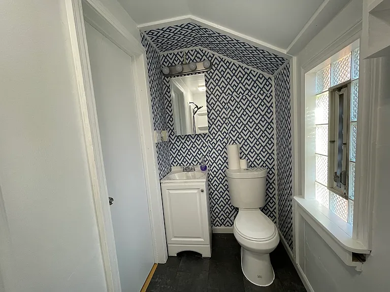 Medicine cabinet with overhead sconce, vanity storage, electrical outlet with independent switches, powerful flush toilet