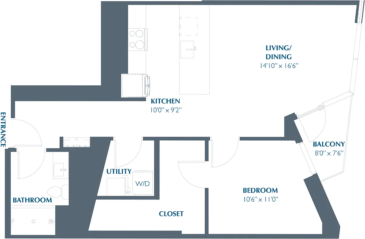 Floor plan 1BR 1BA (802 SF)