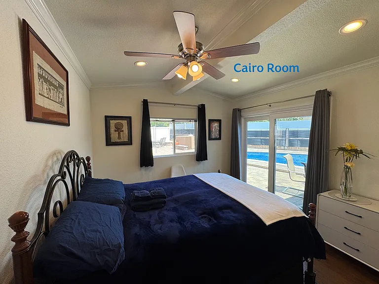 This is the Cairo Room. 
Named for its Egyptian themed artwork. 
198 Sq. Ft. room.