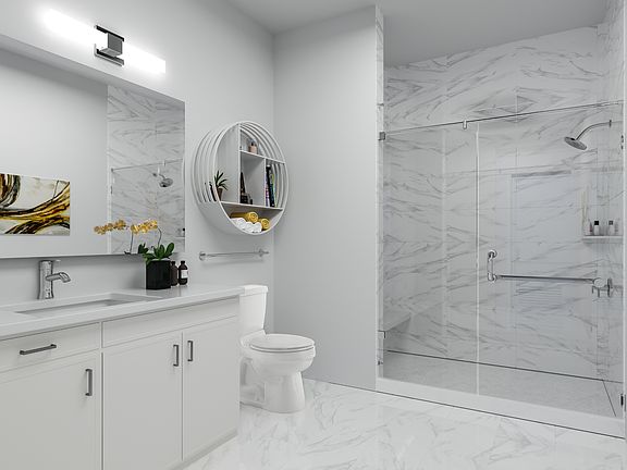Each bathroom offers refined finishes including ceramic flooring and quartz countertops.
