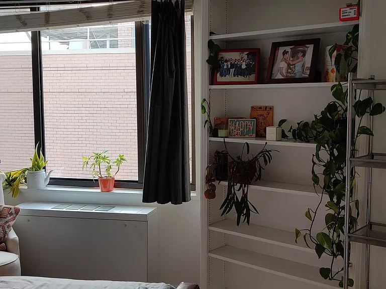 Second bedroom with built-in bookshelves, queen bed, and ample closet space.