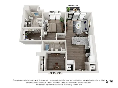 Floor plan One Bedroom Two Bath With Den (1116 SF)