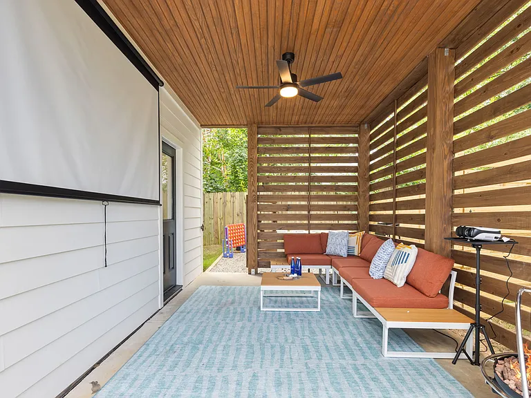 Lounge on the outdoor patio and watch a movie on the projector, rain or shine.