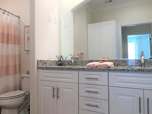 Double sink vanity with large linen cabinet Double sink vanity with large linen cabinet