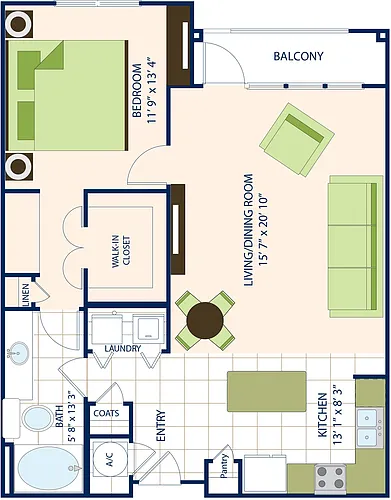 Floor plan One Bedroom One Bath (924 SF)