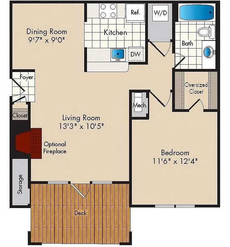 Floor plan 1 Bedroom/1 Bath - 723 square feet