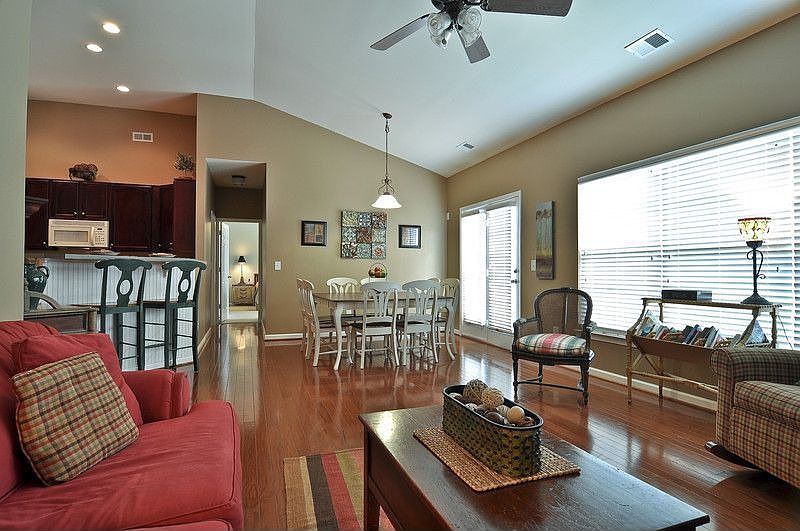 Great Room has open kitchen, living and dining