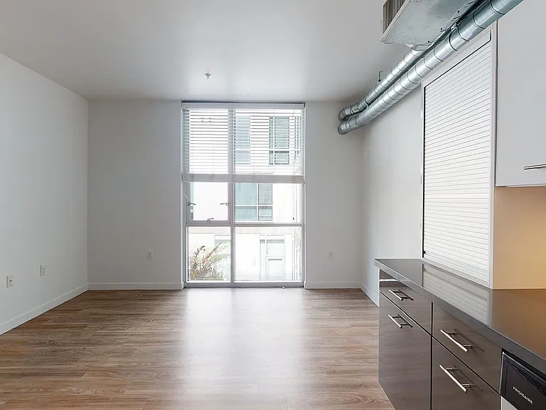 Apartment living room with wood-style flooring.