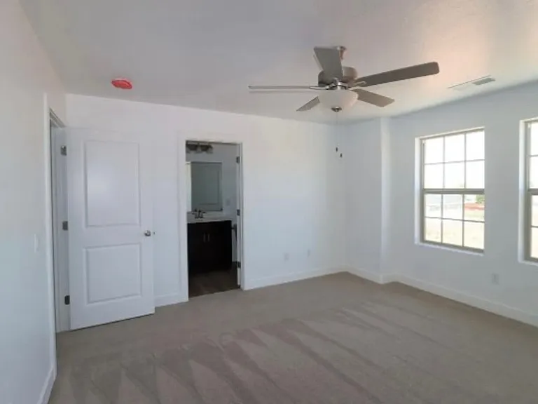 Master bedroom with overhead fan, plenty of natural light, and ensuite bathroom with large walk-in closet