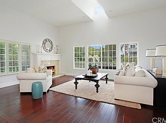Spacious living room with fireplace and skylight