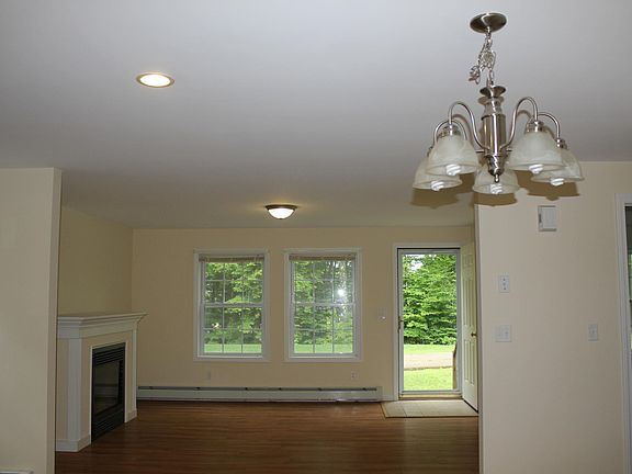 Living room, front door, gas fireplace, hallway to bedroom, hall closet, and bathroom (photographed from the kitchen).