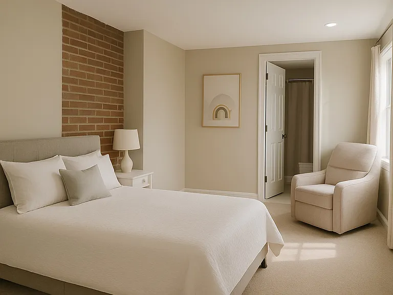 AI rendering if we convert the kids room downstairs back to a queen guest bedroom (or for older kid). Great in-law suite with bathroom attached.