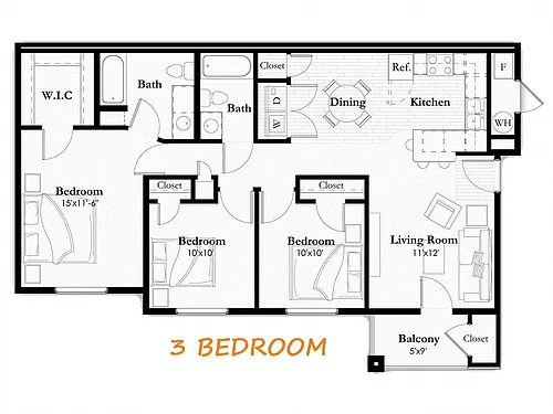 Floor plan 3 Bedroom, 2 Bath