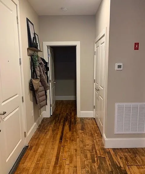 Entrance on the left, first bedroom straight ahead, bathroom on the right