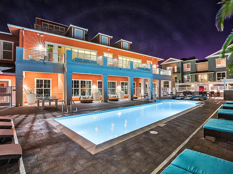 Poolside Sundeck, cabanas and Fireplace