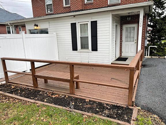 Deck. Now includes picnic table to use. Entrance.